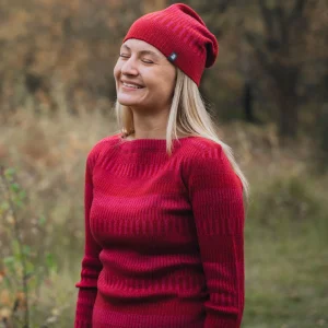 Tröja med båthals, figursydd 100% ull, dam, lingonröd-hallonrosa